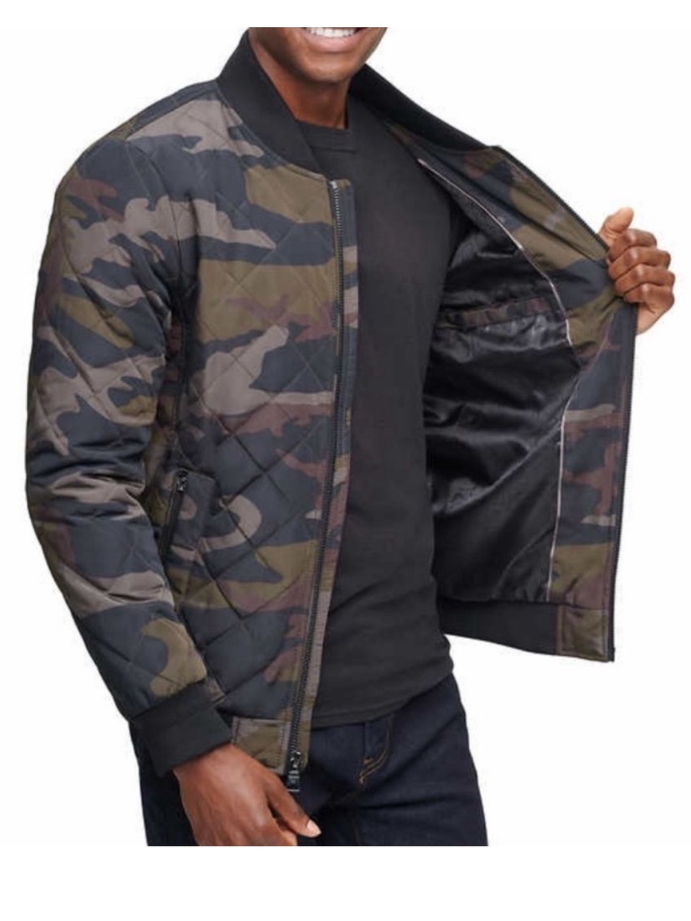 Calvin Klein Camouflage Quilted Bomber Jacket Black Brown Aviator Cargo, Large